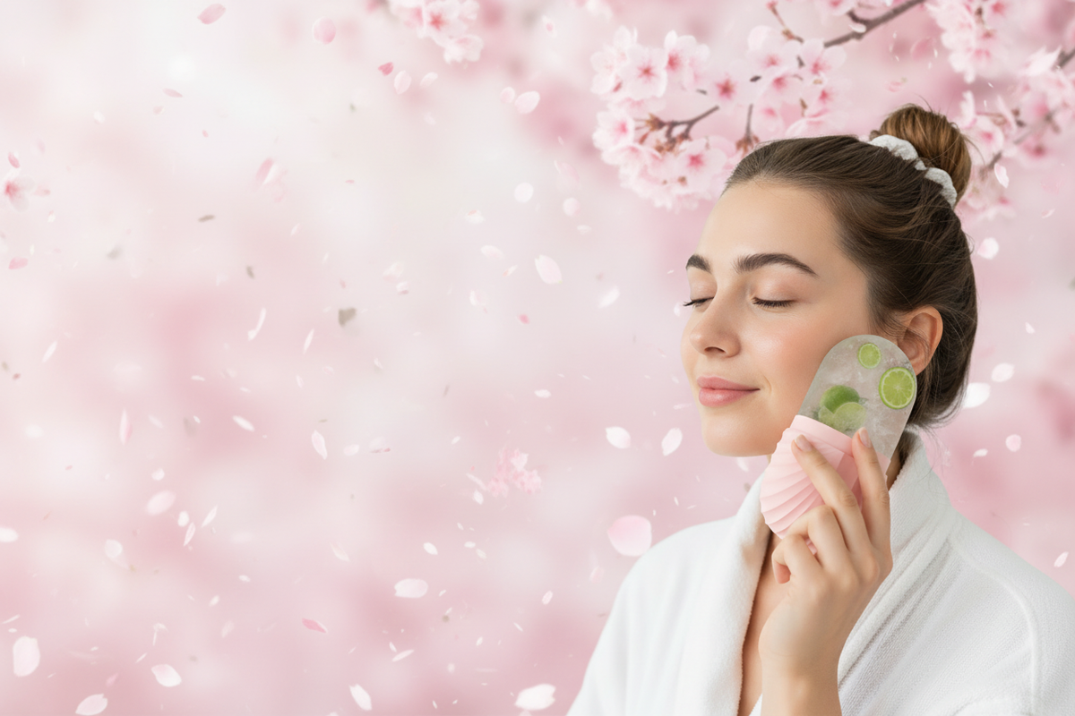 Woman with ice roller on flaky snowy pink background